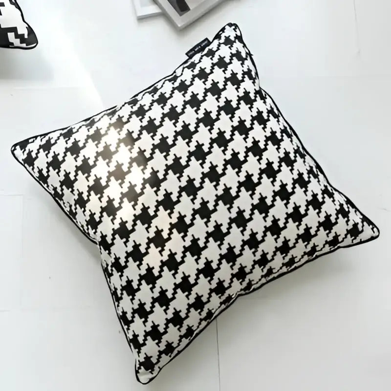 Black and white hounds tooth cushion cover with matching stitched border for living room decorbites throw pillow