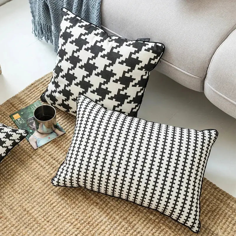 Black and white decorbites hounds tooth cushion cover with textured fabric for stylish living room throw pillow decor