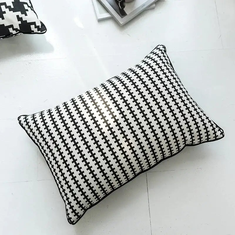 Rectangular black and white decorbites hounds tooth cushion cover with stitched border for living room throw pillow decor