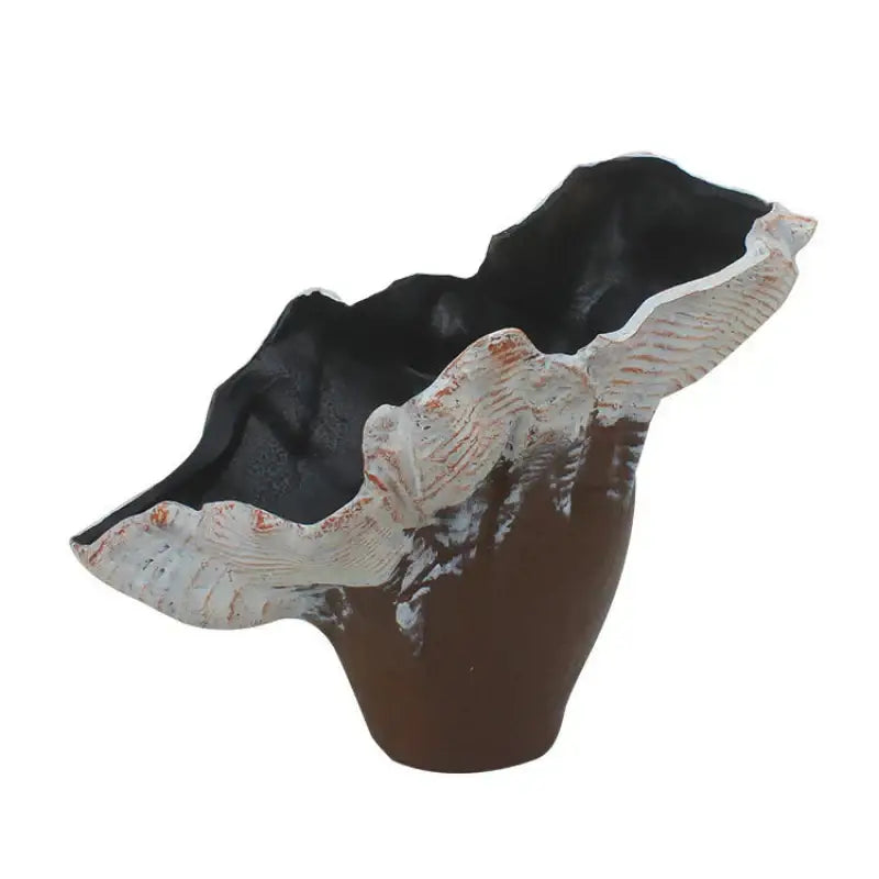 Brown ceramic decorbites irregular resin flower vase with fluted white and black scalloped rim for living room decor