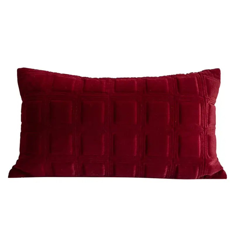 Deep red velvet rectangular pillow cover with quilted grid pattern for decorbites jungle plant raccoon living room decor