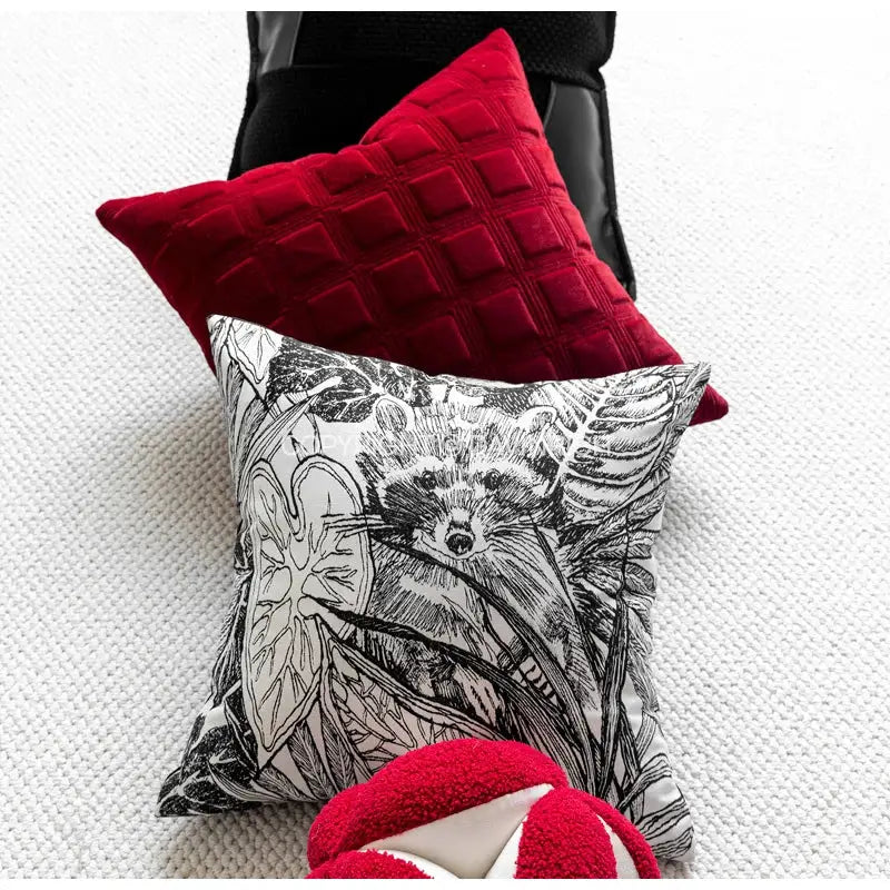 Red velvet pillow cover with quilted diamond pattern for decorbites jungle plant raccoon living room decor