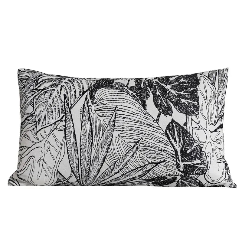 Rectangular pillow cover with black and white jungle plant raccoon illustration on light gray fabric for living room decorbites jungle plant decor