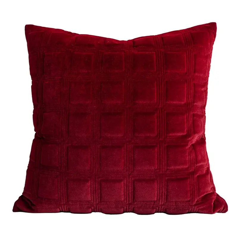 Deep red velvet throw pillow with quilted grid pattern complementing decorbites jungle plant raccoon pillow cover decor