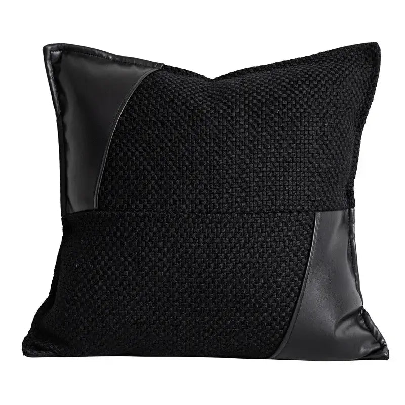 Black throw pillow cover with textured woven fabric and faux leather panels for decorbites jungle plant raccoon decor
