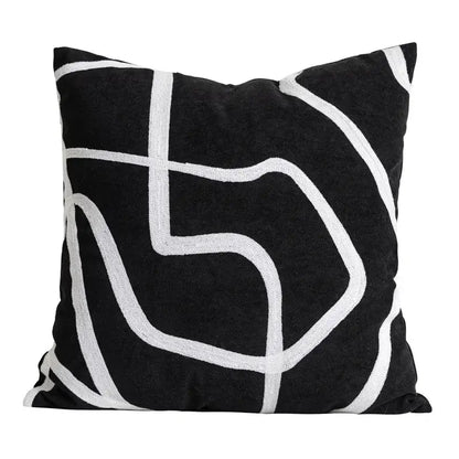Black velvet pillow cover with bold white embroidered abstract lines for decorbites jungle plant raccoon decor