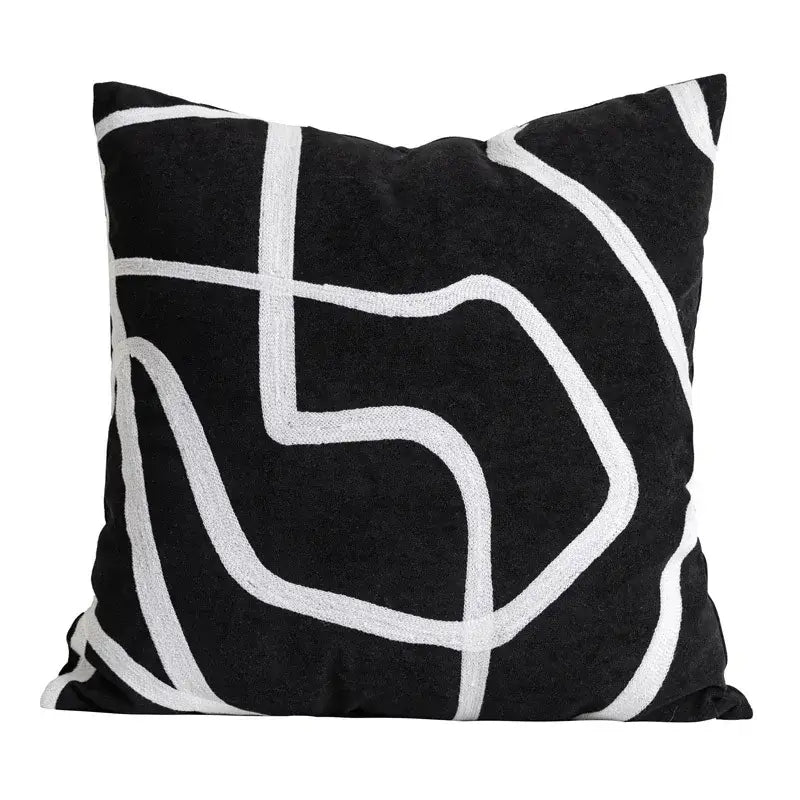 Black velvet pillow cover with bold white embroidered abstract lines for decorbites jungle plant raccoon decor