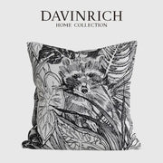 Black and white illustrated raccoon pillow cover with detailed botanical leaves from davinrich home decorbites jungle plant collection