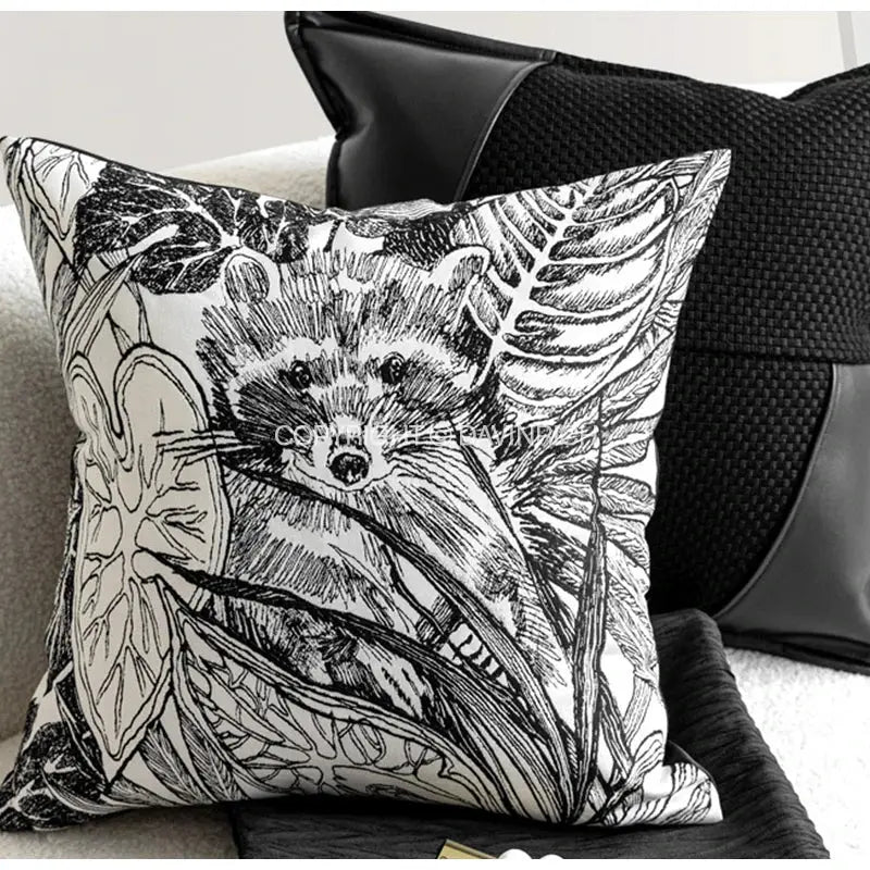 Square pillow cover with black and white jungle plant raccoon sketch decorbites jungle plant living room decor