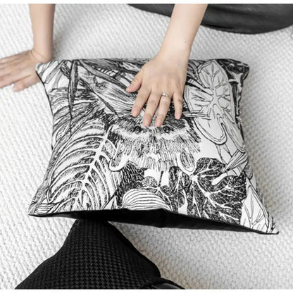 Black and white jungle plant raccoon pillow cover featuring intricate leaf patterns for living room decorbites decor