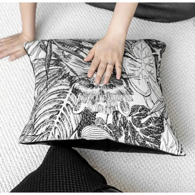 Black and white jungle plant raccoon pillow cover featuring intricate leaf patterns for living room decorbites decor