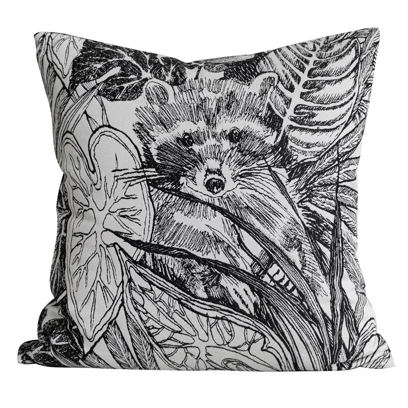 Black and white jungle plant raccoon pillow cover featuring intricate leaf patterns for living room decorbites decor