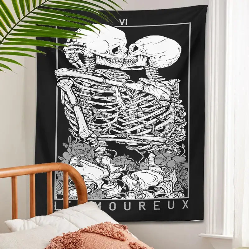 Black and white kissing lovers tarot tapestry featuring detailed skeletons embracing with floral motifs for bedroom decorbites decor