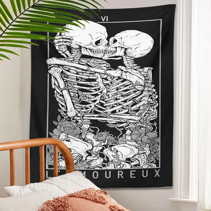 Black and white kissing lovers tarot tapestry featuring detailed skeletons embracing with floral motifs for bedroom decorbites decor
