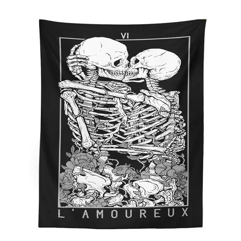 Black and white kissing lovers tarot tapestry featuring two skeletons kissing for bedroom wall decor by decorbites