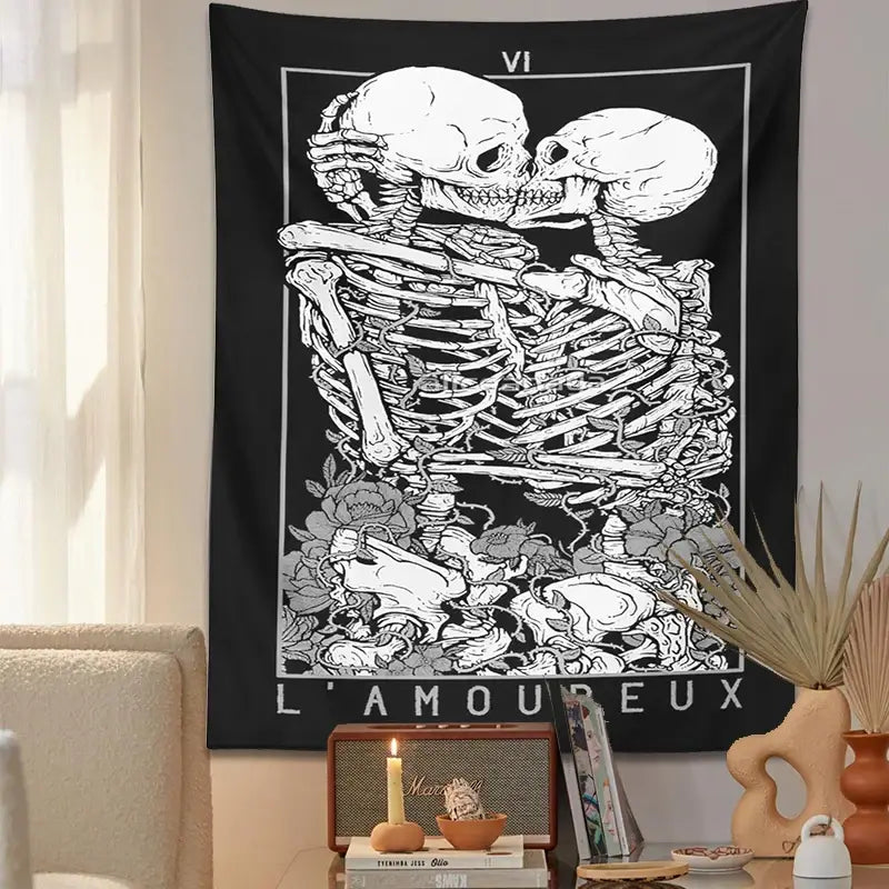Black and white kissing lovers tarot tapestry featuring skeletons and floral decor for bedroom wall decorbites decor