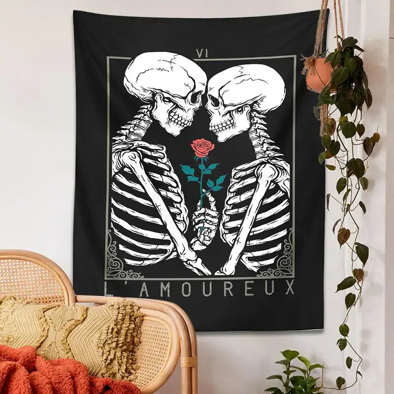 Black and white kissing lovers tarot tapestry with skeletons and red rose decorbites kissing lovers bedroom wall decor