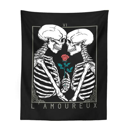 Black and white kissing lovers tarot tapestry featuring two skeletons holding a red rose for bedroom decorbites decor