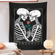 Black and white kissing lovers tarot tapestry featuring two skeletons with a red rose for bedroom wall decorbites decor