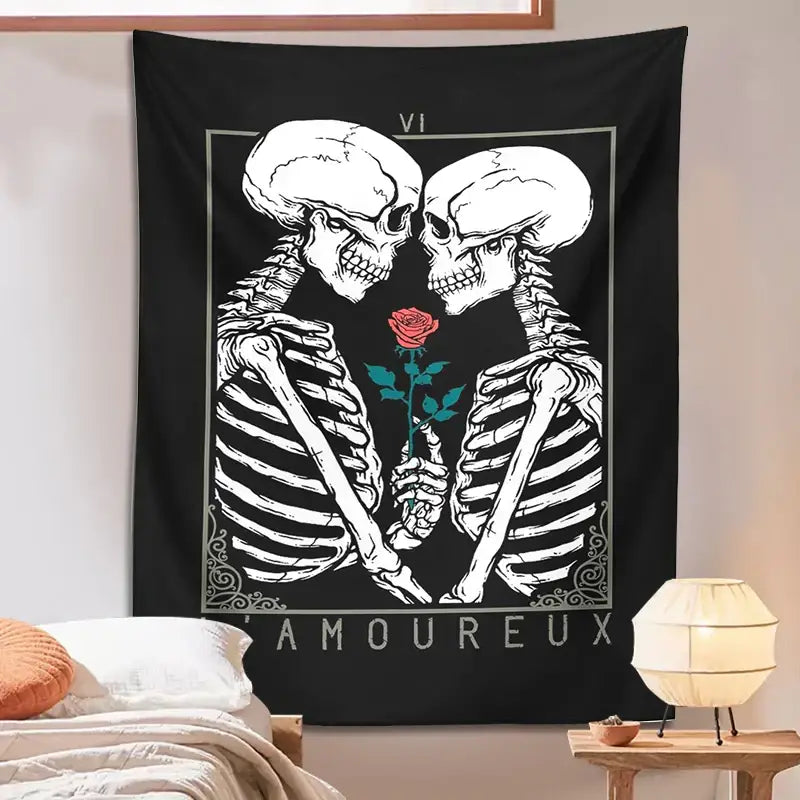 Black and white kissing lovers tarot tapestry featuring two skeletons with a red rose for bedroom wall decorbites decor