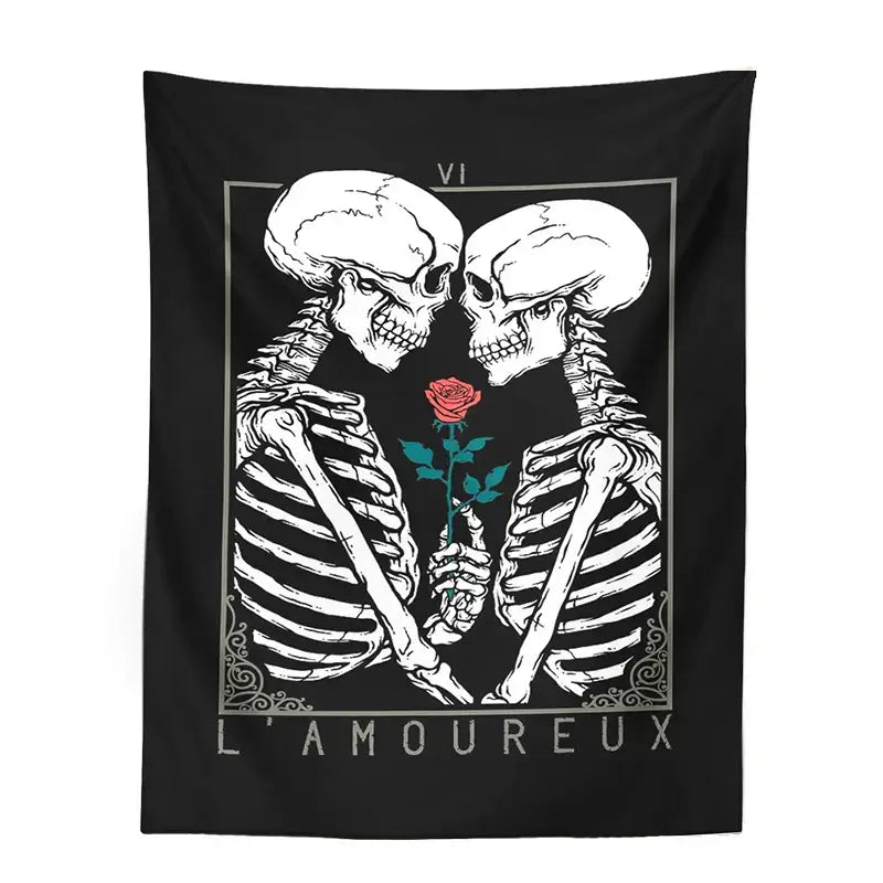 Black and white kissing lovers tarot tapestry featuring two skeletons with a red rose for bedroom wall decorbites decor
