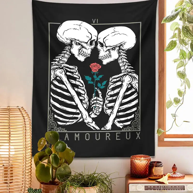 Black and white lovers tarot tapestry featuring two white skeletons holding a red rose with amoureux text decorbites kissing lovers wall decor