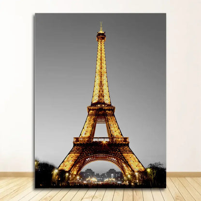 Decorbites™ black and white nordic landscape canvas set featuring a golden-lit eiffel tower print on gray background