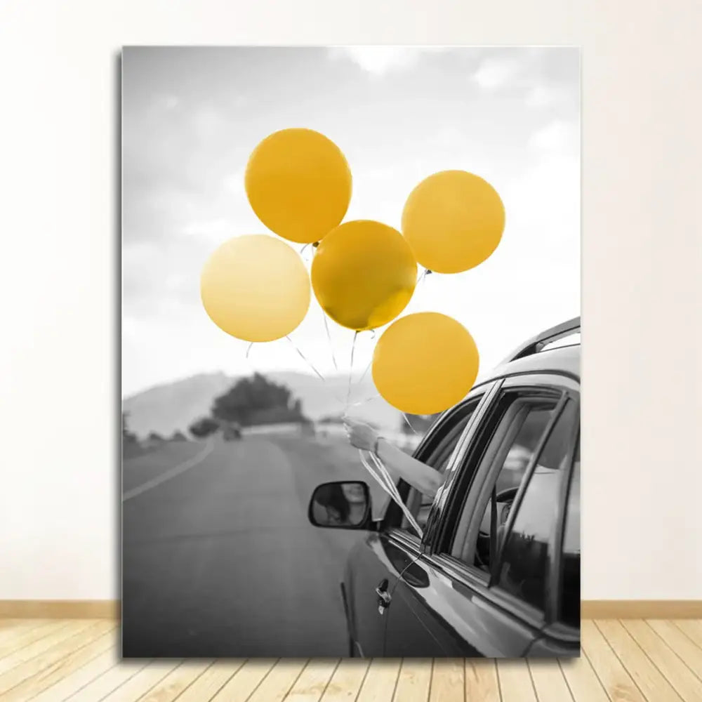 Decorbites™ black and white nordic landscape canvas set featuring a white nordic landscape with yellow balloons held on road