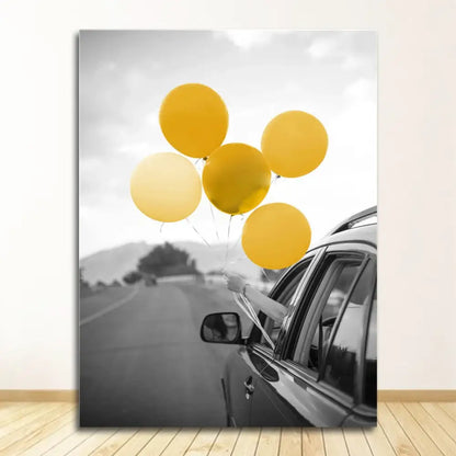 Decorbites™ black and white nordic landscape canvas set featuring a white nordic landscape with yellow balloons held on road