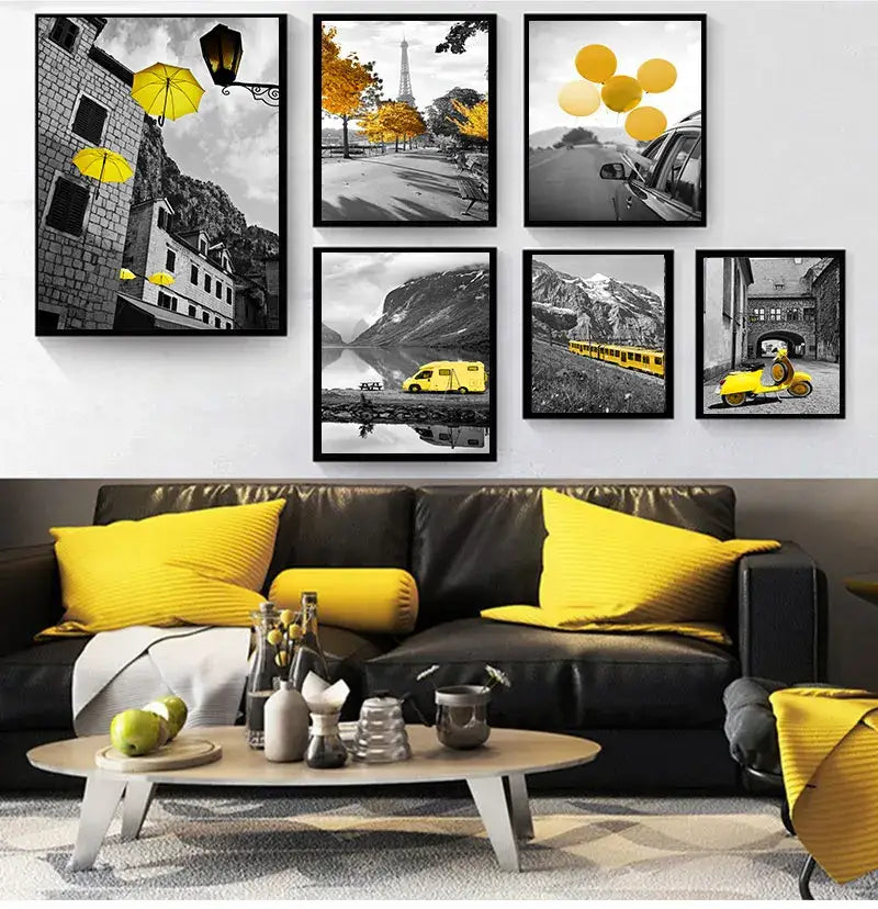 Set of six black-framed decorbites™ white nordic landscape canvas prints with selective yellow accents in a landscape canvas set