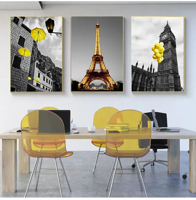 Decorbites™ black and white nordic landscape canvas set featuring three framed prints with yellow accents