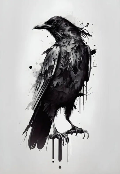 Decorbites™ black and white mountain tree landscape wall art featuring detailed ink illustration of a crow with splattered paint effects