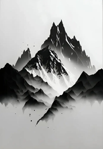 Decorbites™ black and white mountain tree landscape wall art features a striking ink wash painting of snow-capped peaks