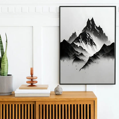 DecorBites™ sleek black framed wall art featuring a black and white mountain tree landscape print