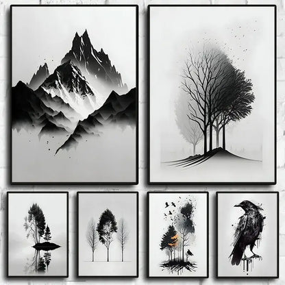 Set of six black and white mountain tree minimalist art prints by decorbites featuring ink wash landscapes with peaks and trees