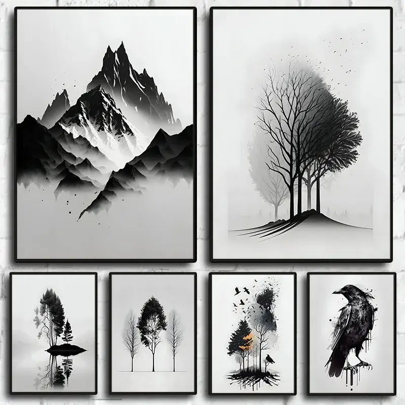 Set of six black and white mountain tree minimalist art prints by decorbites featuring ink wash landscapes with peaks and trees