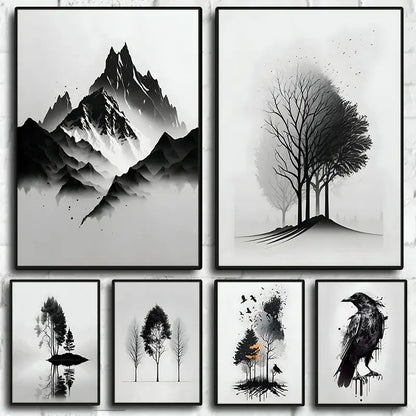 Set of six black and white minimalist mountain tree art prints in sleek frames featuring peaks and a crow by DecorBites™