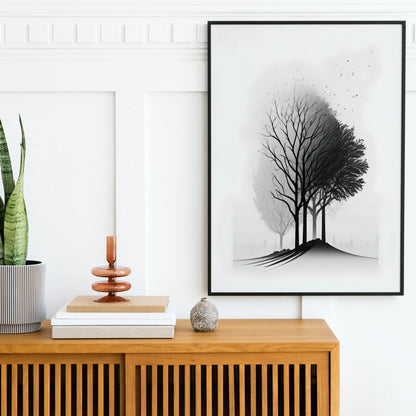 Black and White Mountain Tree Landscape Wall Art