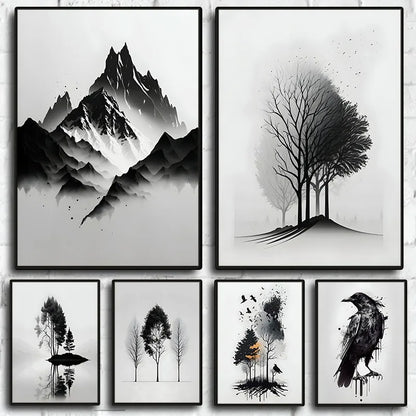 Black and White Mountain Tree Landscape Wall Art