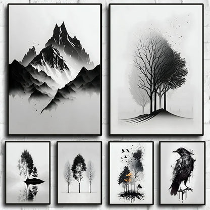 Black and White Mountain Tree Landscape Wall Art