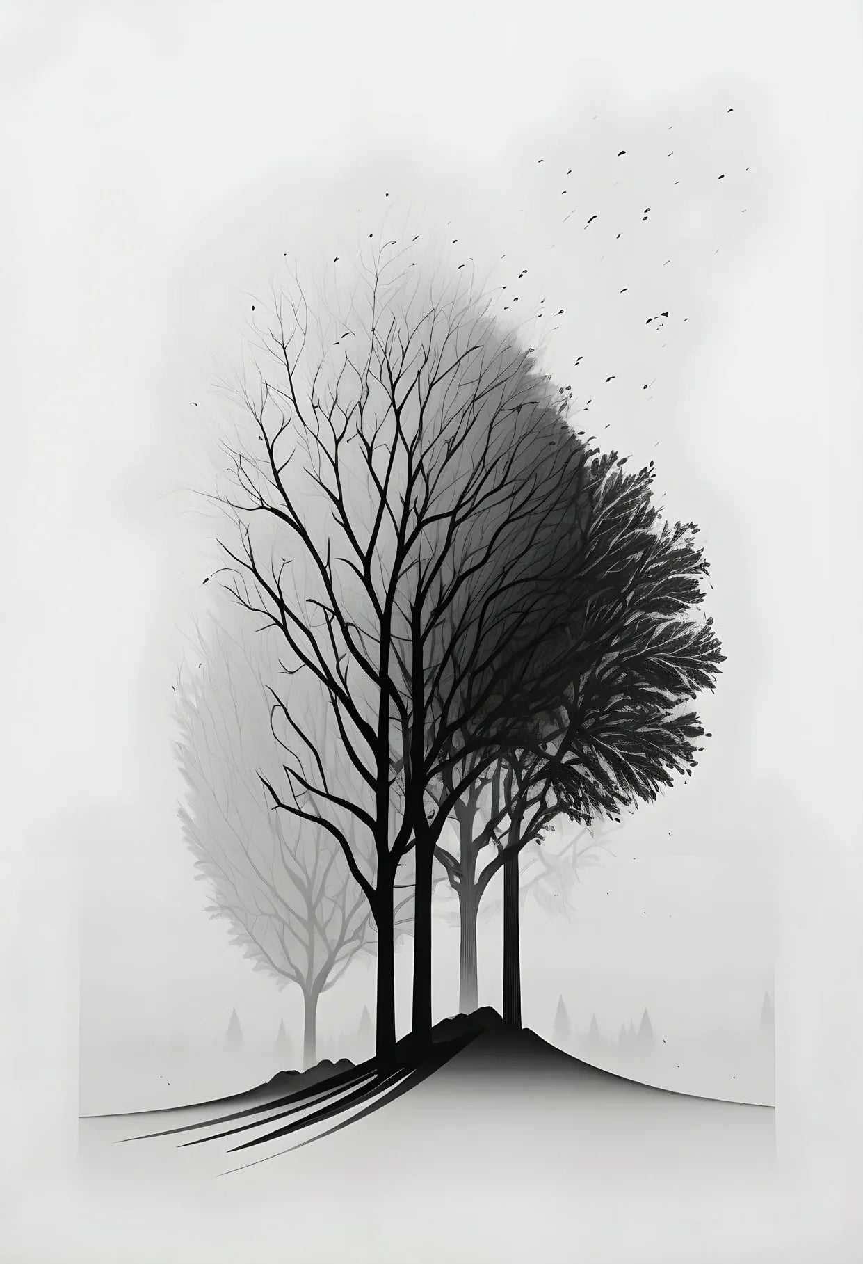 Black and White Mountain Tree Landscape Wall Art - 3 / 40x60cm Unframed