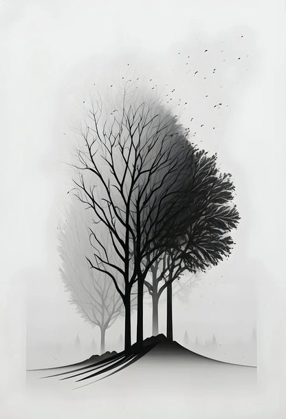 Black and White Mountain Tree Landscape Wall Art - 3 / 40x60cm Unframed