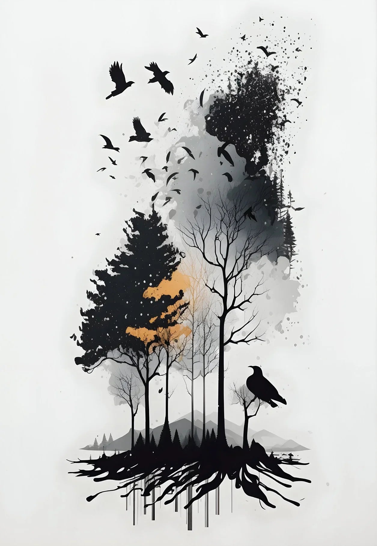 Black and White Mountain Tree Landscape Wall Art - 4 / 50x70cm Unframed