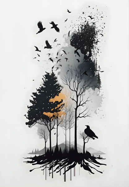 Black and White Mountain Tree Landscape Wall Art - 4 / 50x70cm Unframed