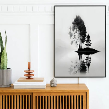 Black and White Mountain Tree Landscape Wall Art