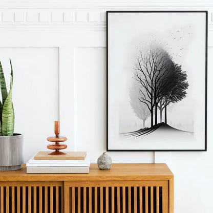 Black and White Mountain Tree Landscape Wall Art