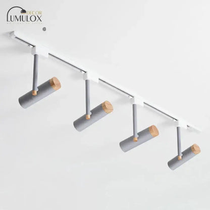DecorBites™ Nordic tubular metallic spotlight white track lighting system with wooden accents for modern interiors