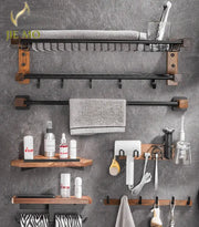 Black and wood bathroom hardware set with storage shelf featuring metal hooks, towel bars, and shelves for decorbites bathroom organization