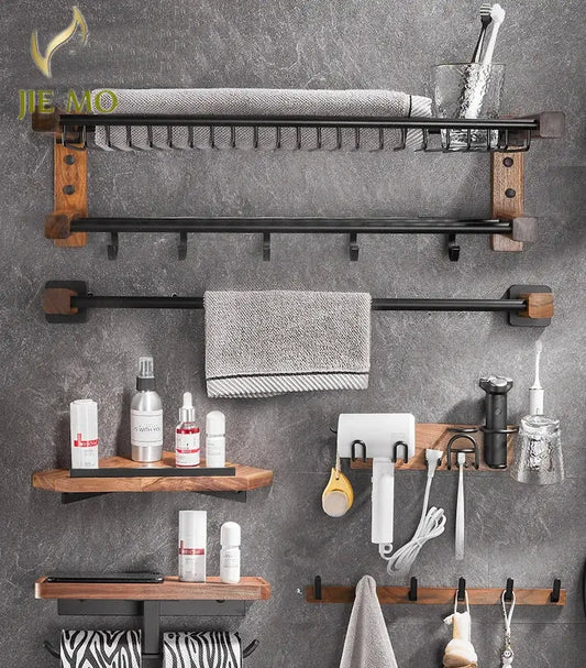 Black and wood bathroom hardware set with storage shelf featuring metal hooks, towel bars, and shelves for decorbites bathroom organization