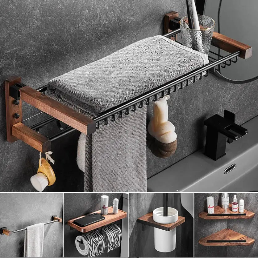 Black and wood bathroom hardware set by decorbites featuring metal rack with storage shelf and gray towel decorbites bathroom